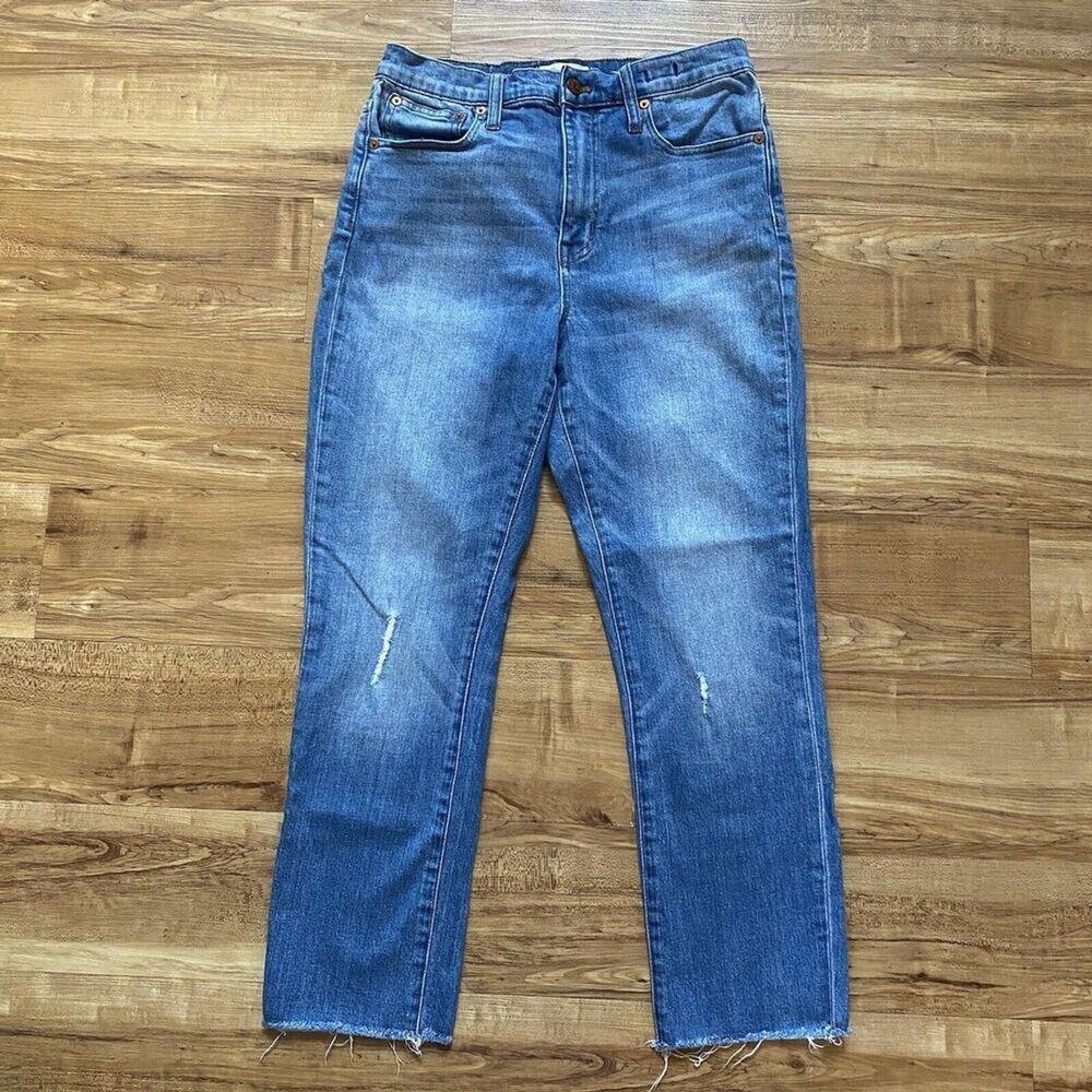 MADEWELL 27 High Rise Slim Crop Boyjean Medium Wash Ripped Distressed Preppy 90s